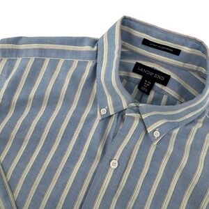 Lands' End Oxford Shirt Mens 16-33 Blue Striped Slim Fit Supima No Iron Cotton